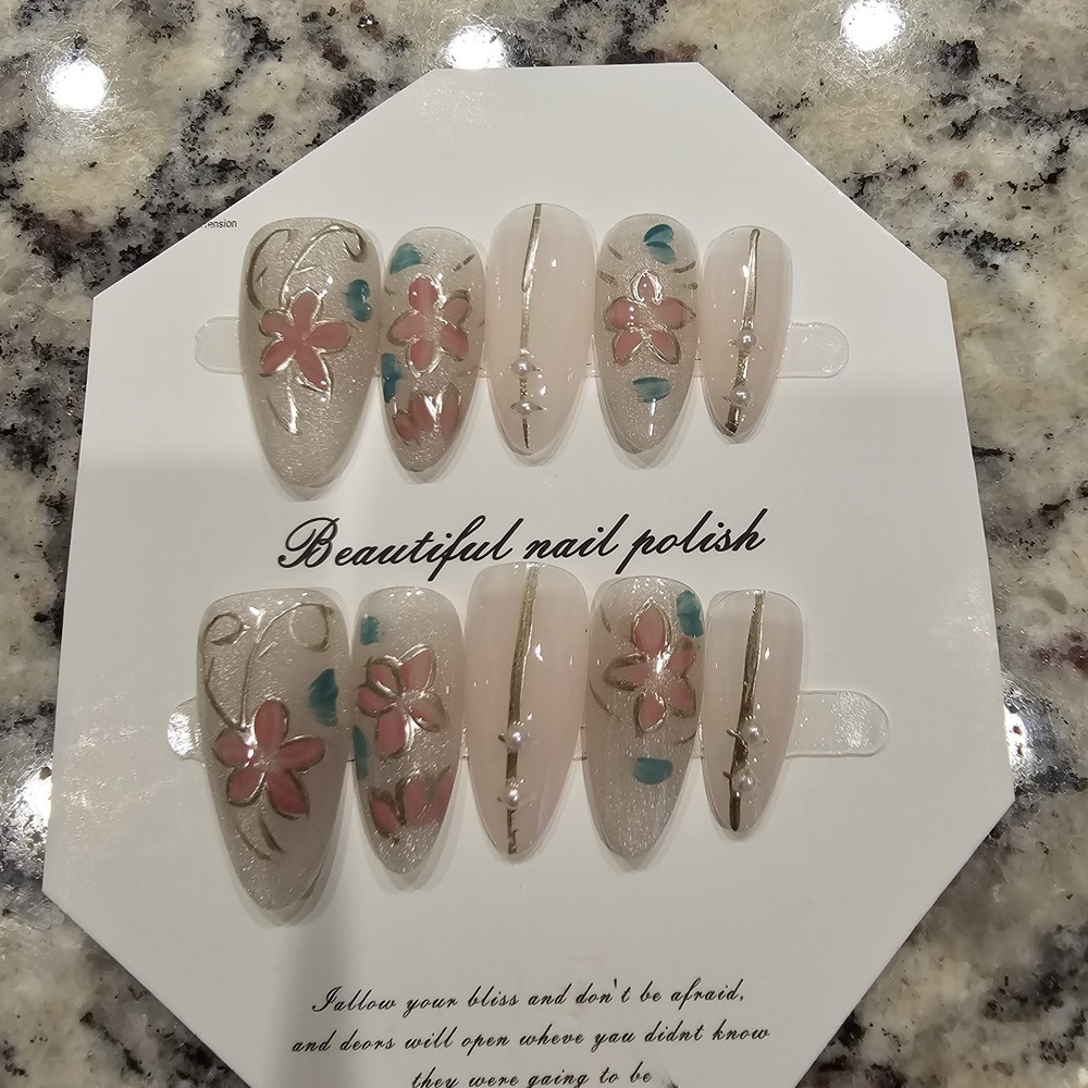Handmade Acrylic Press On Nails Pink Floral Medium Almond